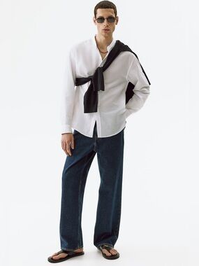 H&M White Casual Button-Down Shirt with Black Sweater Accent
